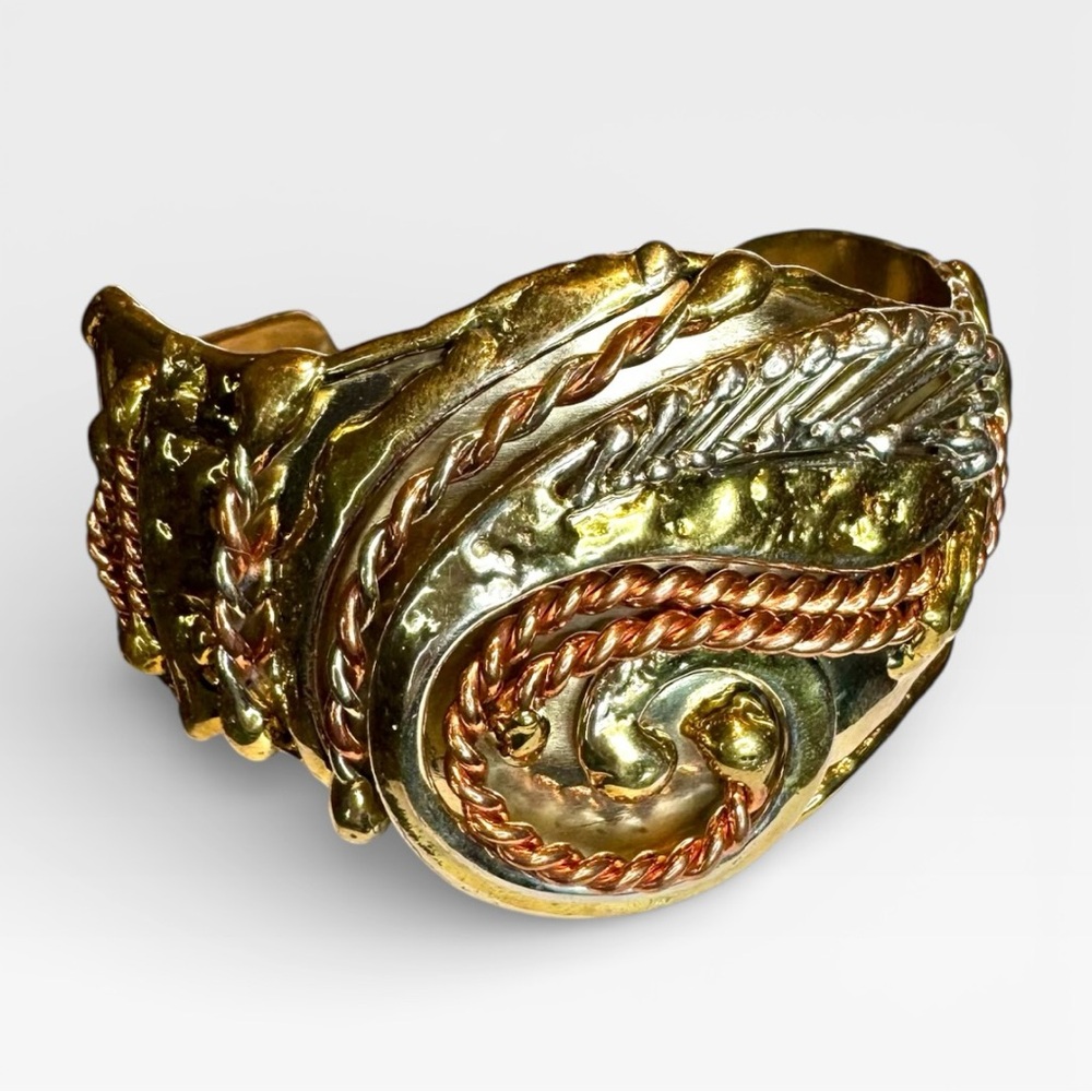 VINTAGE ARTISAN 1970s Brutalist Mixed Metal Bangle Cuff Bracelet, Adjustable - Picture 9 of 13